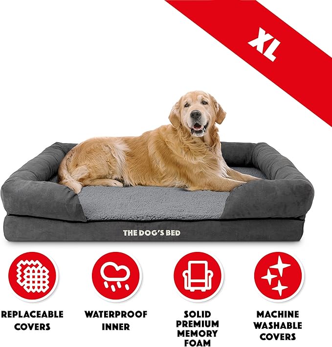 The Dog’s Bed, XL Grey Plush 43.5x34,Solid Memory Foam, Pain Relief: Arthritis, Hip &amp; Elbow Dysplasia, Post Surgery, Lameness, Supportive, Calming, Waterproof Washable Cover, Veterinary Approved