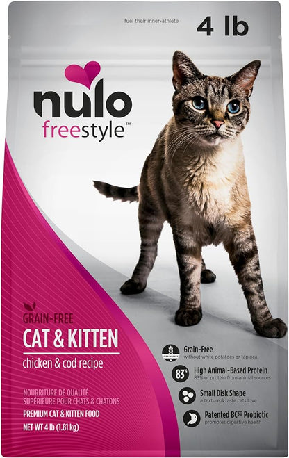 Nulo Freestyle High Protein Cat &amp; Kitten Food, Chicken &amp; Cod Recipe - Natural Grain-Free Dry Cat Food with Omega Fatty Acids &amp; Probiotics, 4 lb Bag