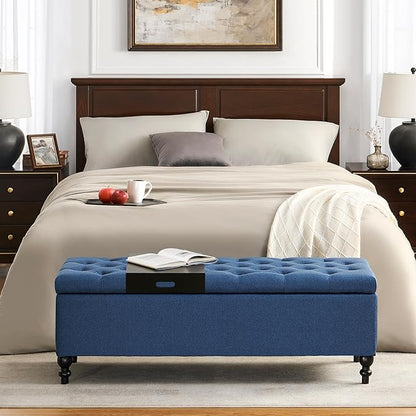 Ottoman with Storage,50.2-inch Upholstered End of Bed Storage Bench for Bedroom,for The Living Room,for Entryway, with Tray &amp; Button and Safety Hinges,Detachable (Blue)