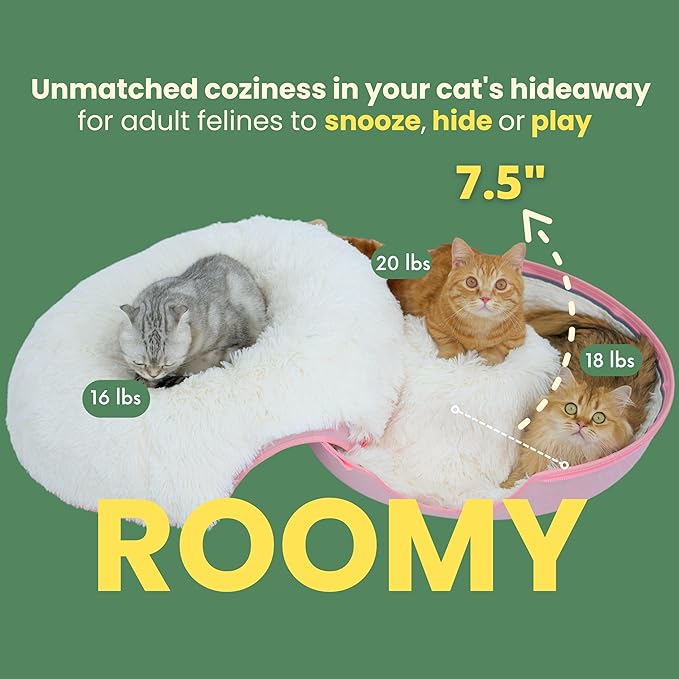 CATTASAURUS Peekaboo Cat Cave for Multiple &amp; Large Cats Up to 30-45 Lbs, Fluffy Cat Beds for Indoor Cats, Scratch Detachable &amp; Washable Tunnel Bed, Comfy Donut Cat Cave (Pink, Large (Calming))