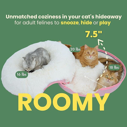 CATTASAURUS Peekaboo Cat Cave for Multiple &amp; Large Cats Up to 30-45 Lbs, Fluffy Cat Beds for Indoor Cats, Scratch Detachable &amp; Washable Tunnel Bed, Comfy Donut Cat Cave (Pink, Large (Calming))