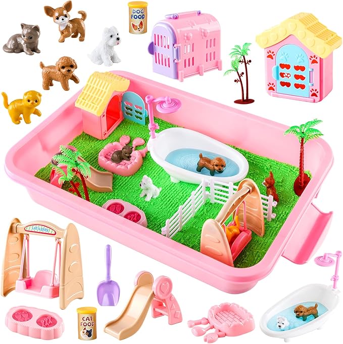 21 PCS Pet Sensory Bin, Dog &amp; Cat Sandbox with Sand &amp; Box, Play Sand Art Toys Kit, Pet Care Play Set, Beach Toys for Kids Ages 4-8, Birthday Gift Girls Boys 3 4 5 6 7 Years Old