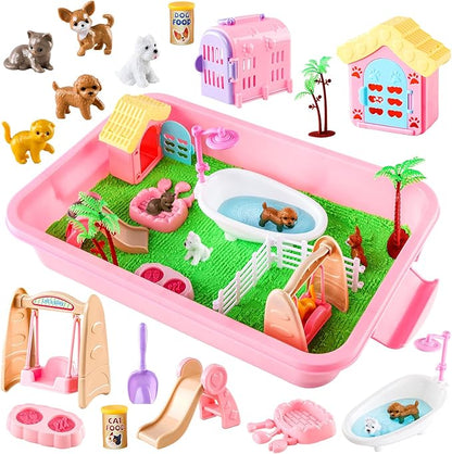 21 PCS Pet Sensory Bin, Dog &amp; Cat Sandbox with Sand &amp; Box, Play Sand Art Toys Kit, Pet Care Play Set, Beach Toys for Kids Ages 4-8, Birthday Gift Girls Boys 3 4 5 6 7 Years Old