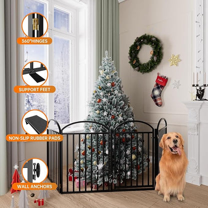 4 Panles Full Matel Freestanding Dog Gates with Door, 96"Extra Wide 32"Tall Free Standing Dog Pet Gate for Indoor &amp; Outdoor. Foldable Pet Fences for Doorways, House, Stairs, Porch, Deck, Yard