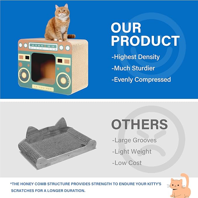 Radio Cat Scratcher Cardboard Lounge Bed - Durable Pads Prevent Furniture Damage - Cat Scratchers &amp; Play House for Indoor Cats - Corrugated Scratcher Box Toy for Cat Birthday
