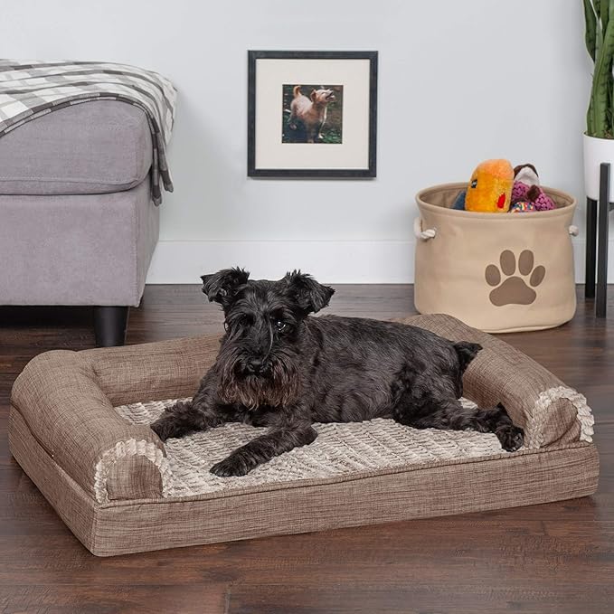 Furhaven Cooling Gel Dog Bed for Medium/Small Dogs w/ Removable Bolsters &amp; Washable Cover, For Dogs Up to 35 lbs - Luxe Faux Fur &amp; Performance Linen Sofa - Woodsmoke, Medium