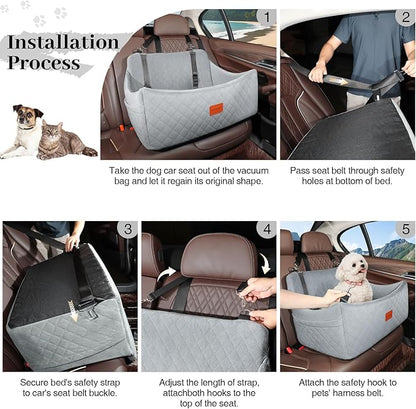 Dog Car Seat for Medium &amp; Large Dogs Up to 55lbs, Memory Foam Cushion, Washable Cover, Safety Straps &amp; Non-Slip Base(Grey,Large)