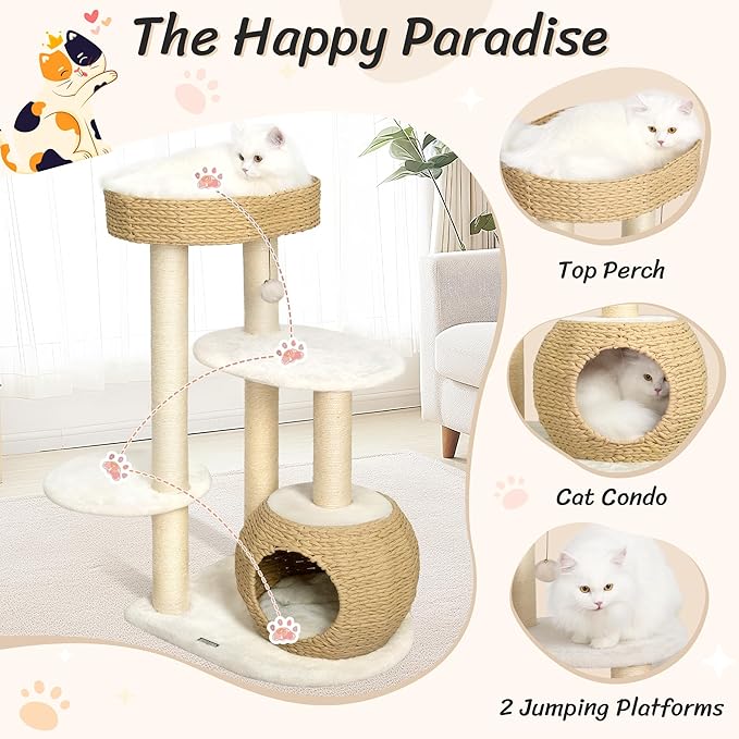 KAMABOKO Modern Cat Tree, 39" Tall Cat Trees for Kittens Climb Play &amp; Rest, Cat-Tree for Indoor Cats w/Natural Sisal Scratching Posts, Hand-Woven Condo &amp; Top Perch