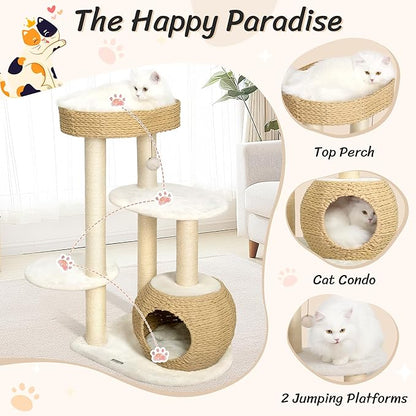 KAMABOKO Modern Cat Tree, 39" Tall Cat Trees for Kittens Climb Play &amp; Rest, Cat-Tree for Indoor Cats w/Natural Sisal Scratching Posts, Hand-Woven Condo &amp; Top Perch