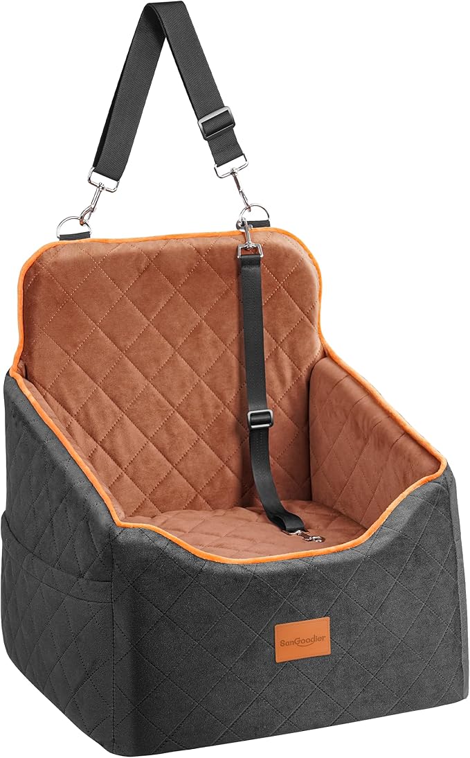 Dog Car Seat for Small Dogs - Puppy Car Seat with Safety Strap &amp; Waterproof Padding, Portable Pet Carrier for Cars, Trucks &amp; SUVs, Comfortable Elevated Bed for Pets Up to 35lbs (Black/Coffee)