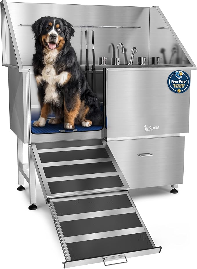 KANIS Professional Dog Washing Station - 304 Stainless Steel Pet Wash Sink &amp; Grooming Bath Tub for Home with Ramp, Shower, Floor Grate, Storage Drawer, Faucet, Drain Kit for Large, Medium &amp; Small Pets
