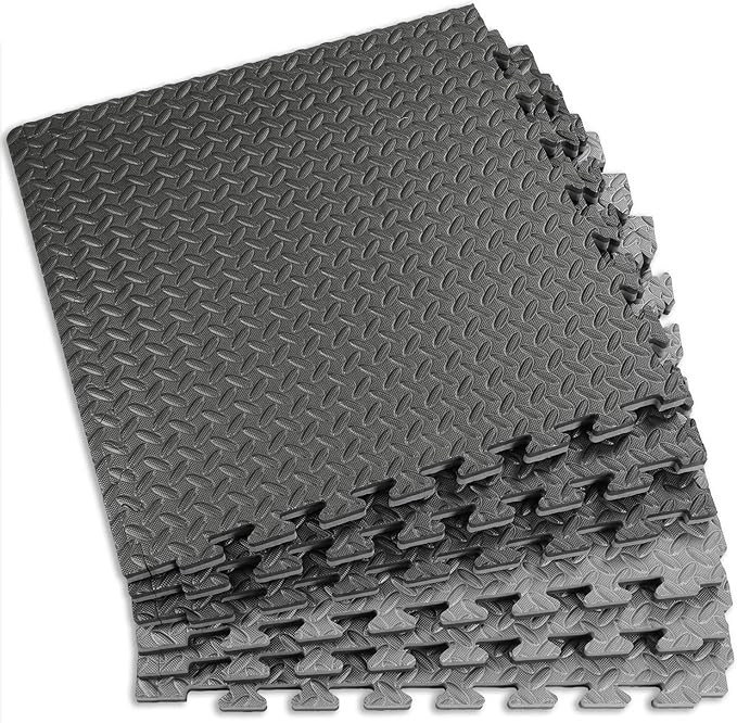 Xspec 1" Extra Thick 48 sq ft Reversible EVA Gym Foam Floor Mat Tiles (24" x 24"), Steel Pattern, 12 pcs, Black &amp; Grey