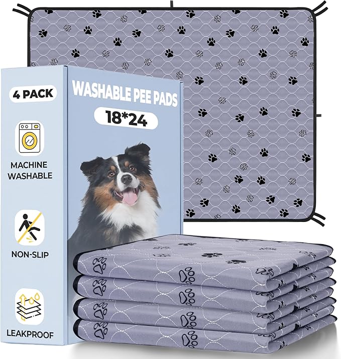 Fostanfly Washable Pee Pads for Dogs, Ultra-Absorbent &amp; Leakproof Reusable Puppy Pads Non-Slip Protects Against Urine Leakage for Potty Training-4 Pack 18"x24" Add 8 Lanyards