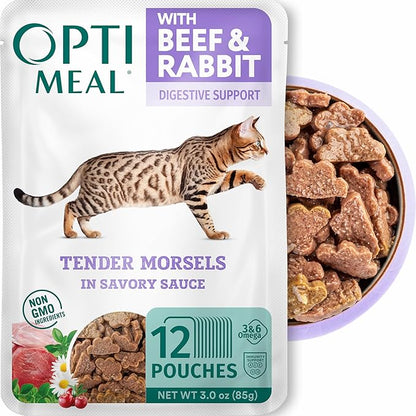 Optimeal Grain-Free Wet Cat Food – Beef &amp; Rabbit Recipe, High Protein &amp; Moisture Rich Indoor Adult Cats Food, Tender Morsels in Savory Gravy Natural Ingredients - 3 oz Pouches, 12 Pack
