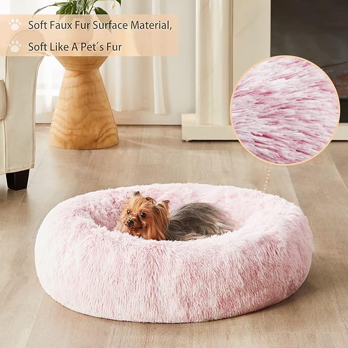 WNPETHOME Calming Dog Bed &amp; Cat Bed Donut, Faux Fur Self-Warming Donut Cuddler, Comfortable Round Plush Pet Beds (27 x 27 x 8 Inch, Light Pink)
