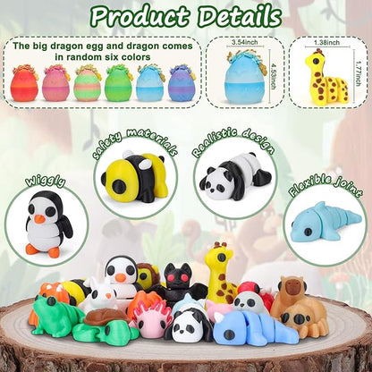 Mini 3D Printed Animals with Dragon Eggs Set, 3D Printed Fidget Toys, Small Articulated Animal Figures Pocket Pets Bulk, Desk Ornament Party Favors (Animal Family)