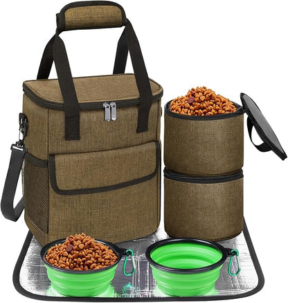 Dog Travel Bag for Camping - Pet Travel Accessories with 2 Collapsible Bowls, 2 Food Containers &amp; Waterproof Feeding Mat - Portable Dog Carrier, Coffee (Small)