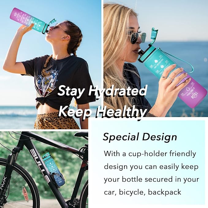 Enerbone Water Bottle, Leakproof BPA &amp; Toxic Free, Motivational Water Bottle with Times to Drink and Straw, Fitness Sports Water Bottle with Strap for Office, Gym, Outdoor Sports