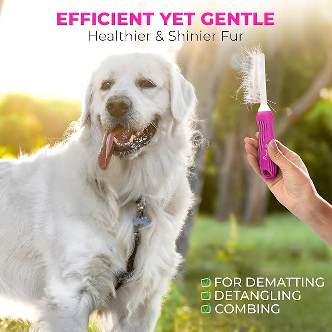 Poodle Pet Detangling Pet Comb with Long &amp; Short Stainless Steel Teeth for Removing Matted Fur, Knots &amp; Tangles – Detangler Tool Accessories for Safe &amp; Gentle DIY Dog &amp; Cat Grooming (Pink)