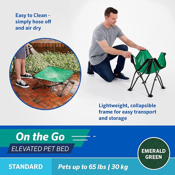 Coolaroo On-The-Go Elevated Dog Bed - Foldable Pop-Up Travel Dog Bed with Breathable, Moisture-Resistant Fabric, Carry Bag Included, Lightweight &amp; Portable, Emerald Green, Standard