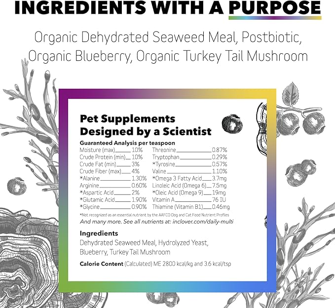 InClover Daily Multi Cat &amp; Dog Vitamin - Canine &amp; Feline Vitality Powder - Immunity Boost with Organic Blueberry, Seaweed, Turkey Tail Mushroom &amp; Postbiotic Fibers - Critical Immune Defense Supplement