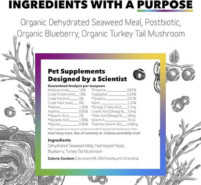 InClover Daily Multi Cat &amp; Dog Vitamin - Canine &amp; Feline Vitality Powder - Immunity Boost with Organic Blueberry, Seaweed, Turkey Tail Mushroom &amp; Postbiotic Fibers - Critical Immune Defense Supplement