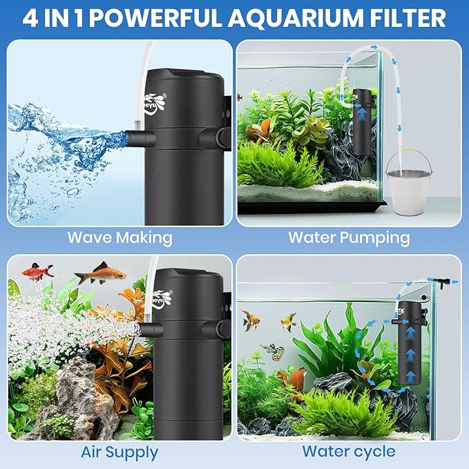 Aquarium Filter for 15-40 Gallon Tank, Submersible Fish Tank Filters with Wave-Maker Oxygenation Circulation, Adjustable Air Flow Filter for Freshwater &amp; Saltwater (8W)