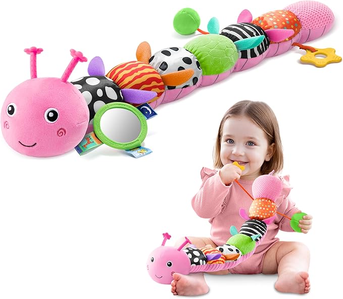 Baby Toys 0-6-12 Months,Musical Caterpillar Stuffed Animals Activity Infant Toys with Crinkle,Rattles,Mirror&amp;Pull String,Muti-Sensory Toys Gifts for Newborn Tummy Time,Candy Pink|Leafy