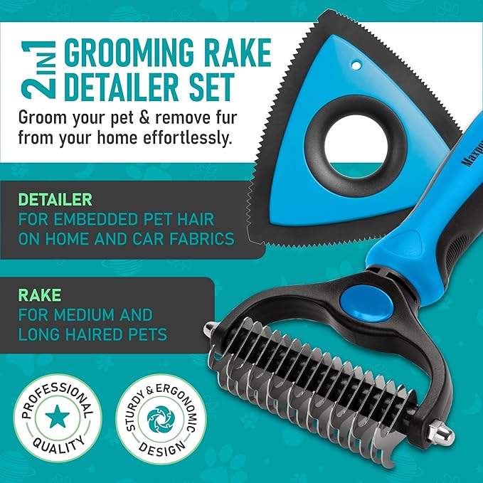 Maxpower Planet Pet Grooming Rake and Mini Pet Hair Remover Tool, Undercoat Rake for Dogs &amp; Hair Remover for Car Carpet, Cat Fur Removal and Double-Sided Deshedding Dematting Tool for Dogs and Cats