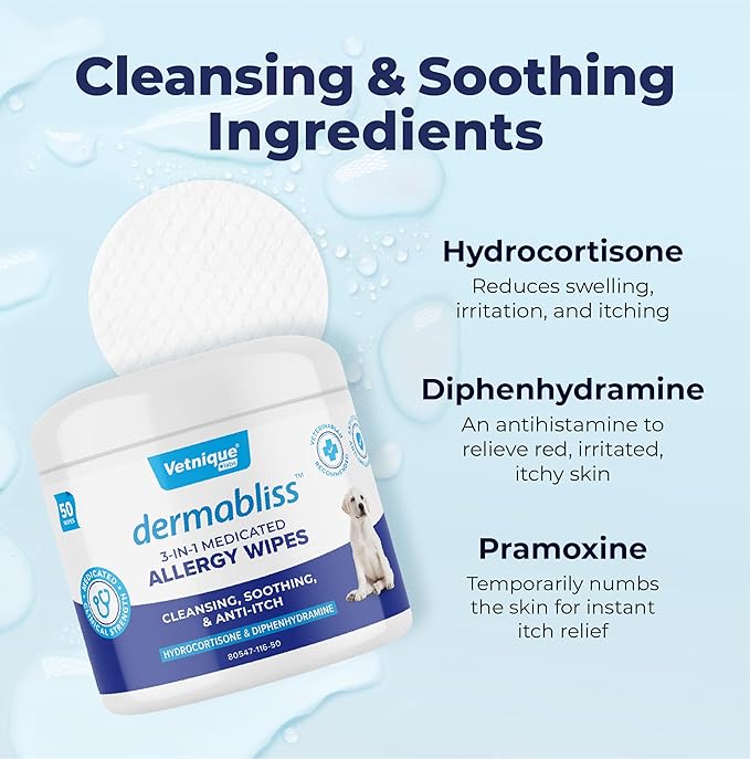 Vetnique Dermabliss 3-in-1 Medicated Dog Wipes - Relief for Itchy Skin, Allergies &amp; Odor Control, Gentle No-Sting Formula, Antihistamine &amp; Hydrocortisone Paw Wipes for Dogs &amp; Cats 50 Count