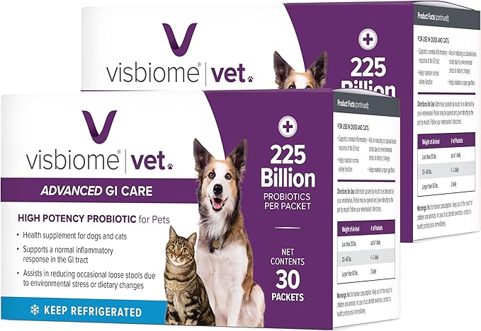 Visbiome® Vet Advanced GI Care Probiotic for Dogs &amp; Cats – 225B CFU, 8-Strain Formula – Veterinarian Recommended, Clean Label Certified – 60 Packets