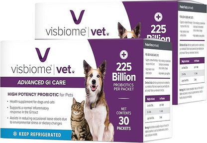 Visbiome® Vet Advanced GI Care Probiotic for Dogs &amp; Cats – 225B CFU, 8-Strain Formula – Veterinarian Recommended, Clean Label Certified – 60 Packets