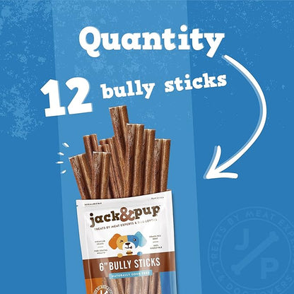 Jack&amp;Pup 6-inch Pizzle Sticks for Dogs (12 Pack) All Natural Jumbo Bully Sticks | Long Lasting Bully Sticks for Medium Dogs