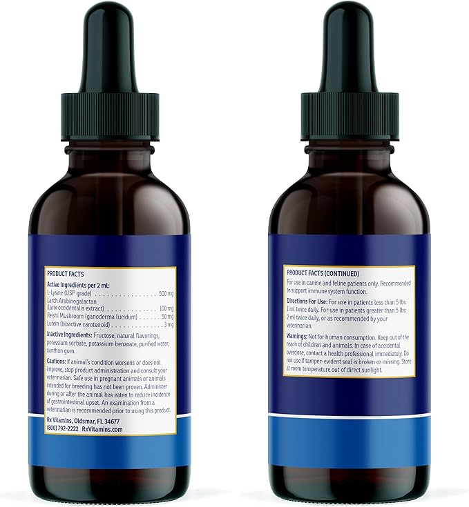 Rx Vitamins Liquid Immuno - with L-Lysine for Cats and Dog Health - Reishi Mushroom Supplement for Dogs &amp; Cat Immune Support - Vitamins for Dogs and Dog Eye Supplements with Lutein - Chicken (2oz)