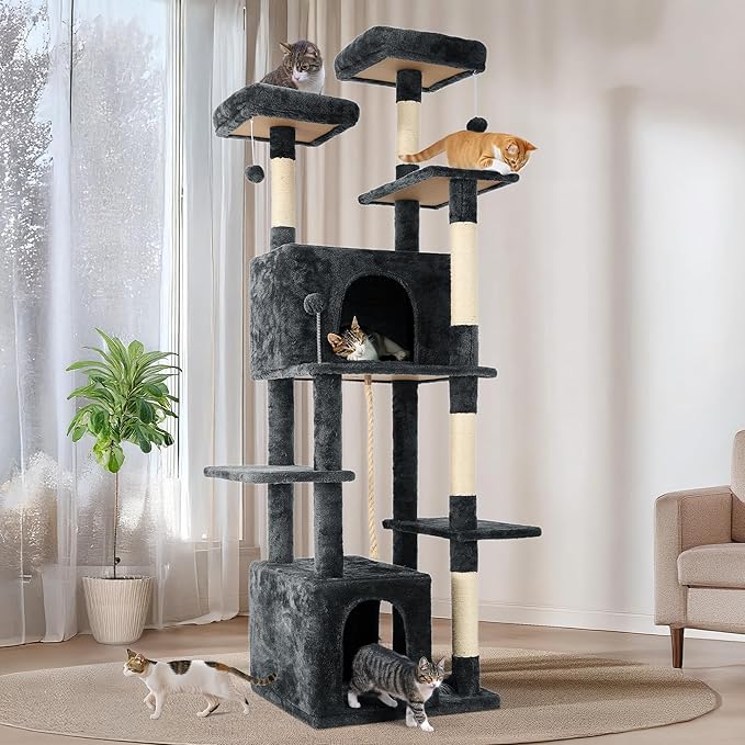 69in Large Cat Tree Tower for Indoor Cats with Soft Plush Hang Ball, Two Condos, Sisal Scratch Posts &amp; Rope Play for Kittens/Adult Cats, Deep Grey