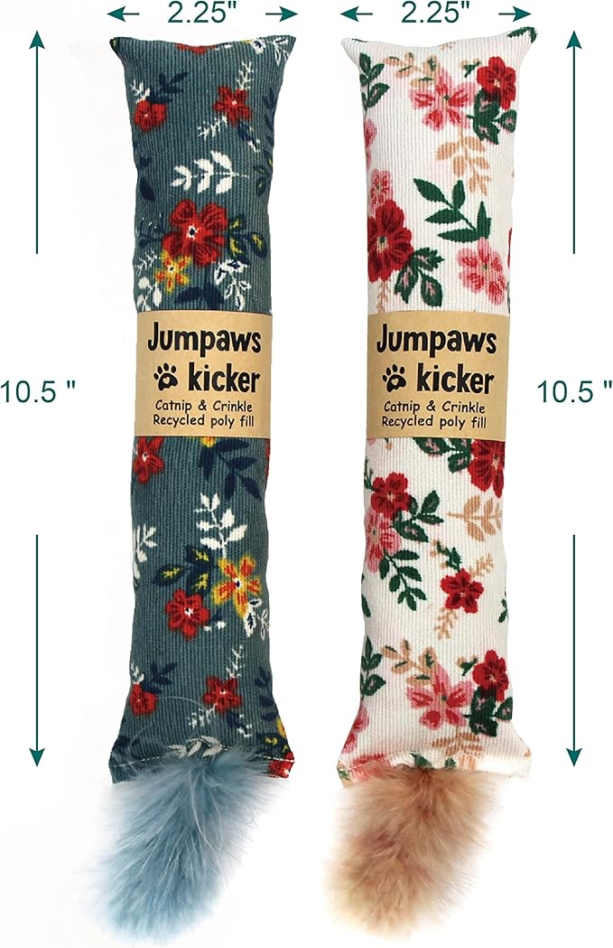 2 Pack Natural Interactive Catnip &amp; Silvervine Cat Kicker with Feathers, Bite Resistant Chew Toy, Crinkle Kicker, Accessories for Indoor Cat, Premium Corduroy Floral