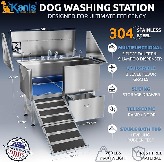 KANIS Professional Dog Washing Station - 304 Stainless Steel Pet Wash Sink &amp; Grooming Bath Tub for Home with Ramp, Shower, Floor Grate, Storage Drawer, Faucet, Drain Kit for Large, Medium &amp; Small Pets