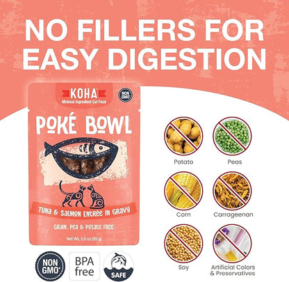 KOHA Poké Bowl Tuna &amp; Salmon Entree in Gravy for Cats, 12-Pack of 3oz Pouches