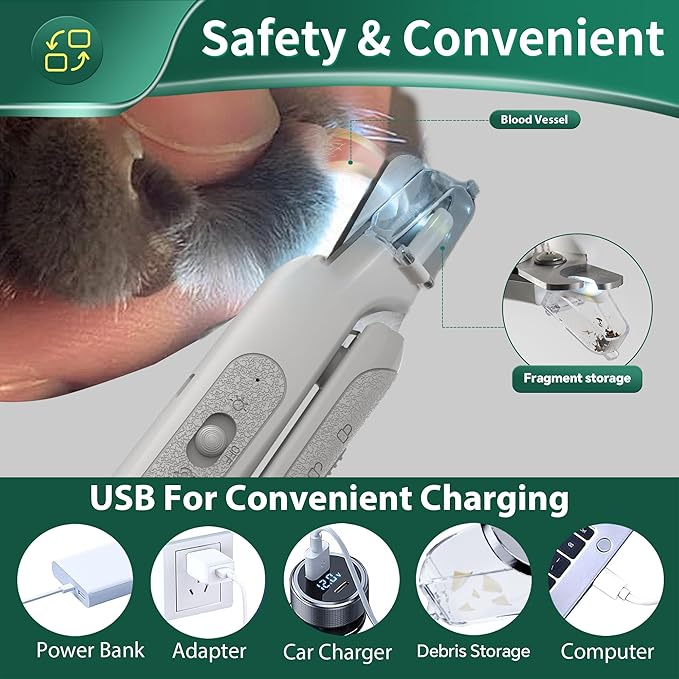 2-in-1 Cat Nail Clippers &amp; Dog Nail Clippers Trimmers for Large Medium Small Dogs Cats Claw Trimmer Quick Sensor and Safety Guard USB Rechargeable with 2 LED Lights Dogs Nail Trimmer