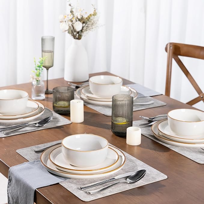 GBHOME Ceramic Dinnerware Sets for 4, 12 Pieces Stoneware Plates and Bowls Sets, Scratch Resistant Dishes, Dishwasher &amp; Microwave Safe, Reactive Glaze-White