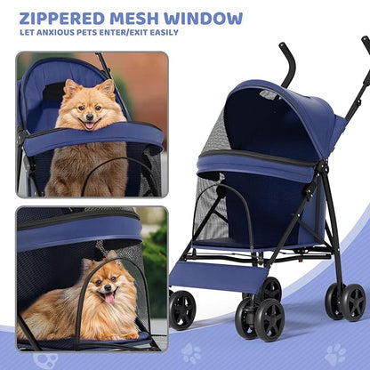 Magshion Compact Pet Stroller for Small-Medium Dogs/Cats up to 22lbs, 4-Wheel Lightweight Umbrella Shaped Portable Puppy Travel Jogger with Breathable Mesh, Cup Holder &amp; Rear Storage, Navy Blue