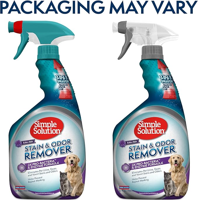 Simple Solution Stain and Odor Eliminator Spray for Dogs &amp; Cats, Enzyme Cleaner With 2X Pro-Bacteria Cleaning Power, Strong Smell Remover for Carpets, Upholstery &amp; Floors, Floral Fresh Scent, 32 oz