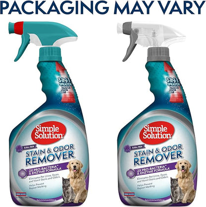 Simple Solution Stain and Odor Eliminator Spray for Dogs &amp; Cats, Enzyme Cleaner With 2X Pro-Bacteria Cleaning Power, Strong Smell Remover for Carpets, Upholstery &amp; Floors, Floral Fresh Scent, 32 oz