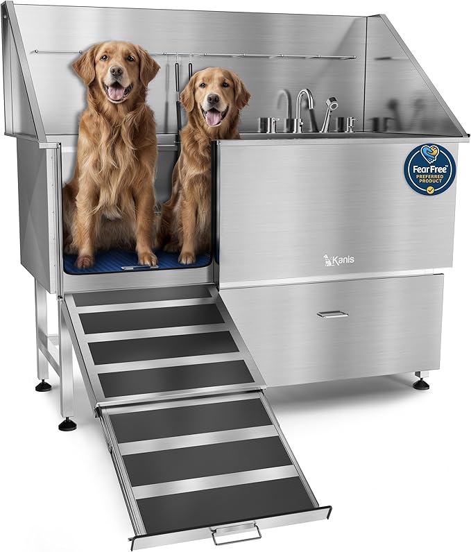 KANIS Professional Dog Washing Station - 304 Stainless Steel Pet Wash Sink &amp; Grooming Bath Tub for Home with Ramp, Shower, Floor Grate, Storage Drawer, Faucet, Drain Kit for Large, Medium &amp; Small Pets