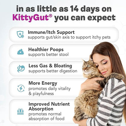 KittyGut 3-in-1 Organic Cat Probiotics &amp; Postbiotic Supplement Powder- Made in USA-Probiotics for Cats Promote Gut Health and Cat Digestive Support, Diarrhea and Vomiting (90g)