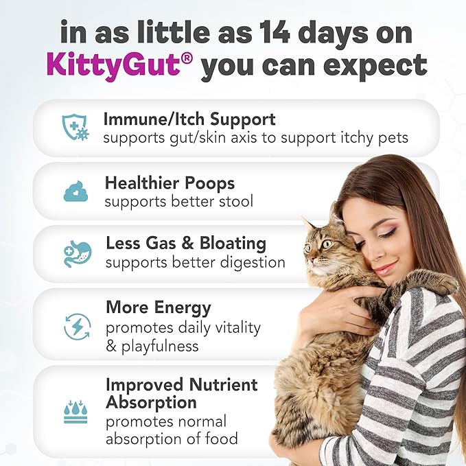KittyGut 3-in-1 Organic Cat Probiotics &amp; Postbiotic Supplement Powder- Made in USA-Probiotics for Cats Promote Gut Health and Cat Digestive Support, Diarrhea and Vomiting (60g)