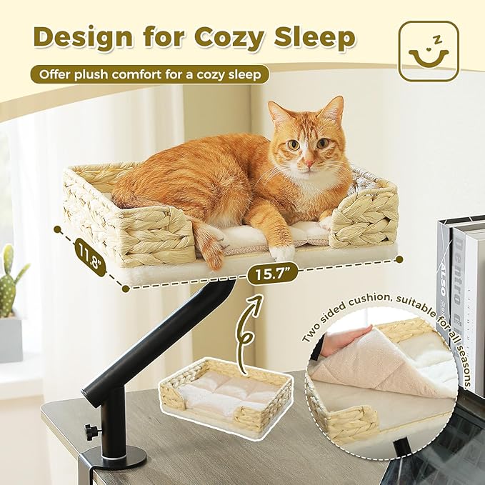 PAWZ Road Cat Desk Bed for Indoor Cats, Wicker Cat Bed for Desk Supports Up to 50 lbs, 360° Rotation &amp; Adjustable Soft Plush Cats Hammock for Desktop, White