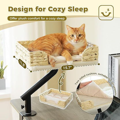 PAWZ Road Cat Desk Bed for Indoor Cats, Wicker Cat Bed for Desk Supports Up to 50 lbs, 360° Rotation &amp; Adjustable Soft Plush Cats Hammock for Desktop, White