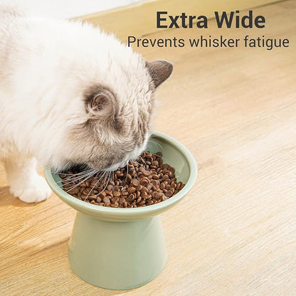 Extra Wide Elevated Ceramic Cat Food Bowl - 6.2" Shallow Dish for Whisker Fatigue Relief, 5" Height for Easy Feeding, Lead &amp; Cadmium Free, Durable Raised Cat Food Bowls, Sage Green