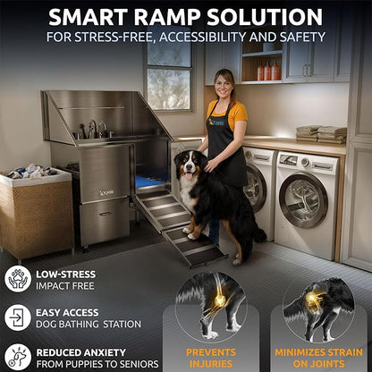 KANIS Professional Dog Washing Station - 304 Stainless Steel Pet Wash Sink &amp; Grooming Bath Tub for Home with Ramp, Shower, Floor Grate, Storage Drawer, Faucet, Drain Kit for Large, Medium &amp; Small Pets